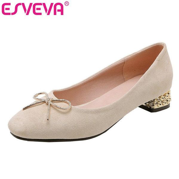 

esveva 2020 women shoes flock square low heel butterfly-knot pointed toe spring retro basic leisure single shoes size 34-43, Black