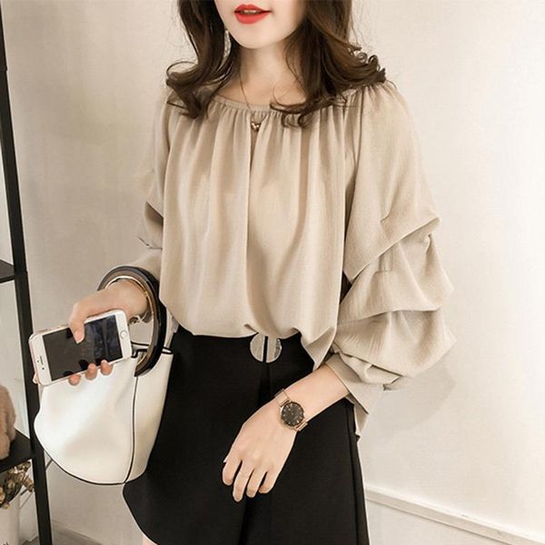 

ply-size chiffon one-shoulder casual long-sleeved bubble lantern sleeve solid color blouse for ladies office casual both wear g3, White