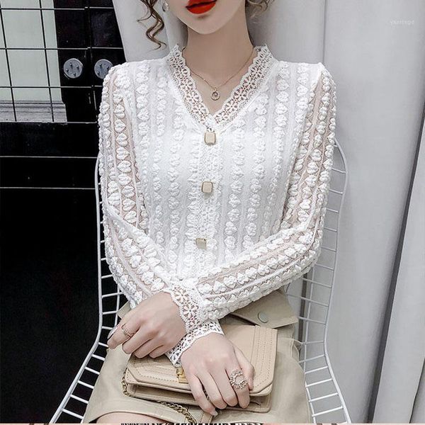 

women's spring autumn style lace blouse shirt women's bubble sleeve button solid color long sleeve hollow out casual sp9731, White