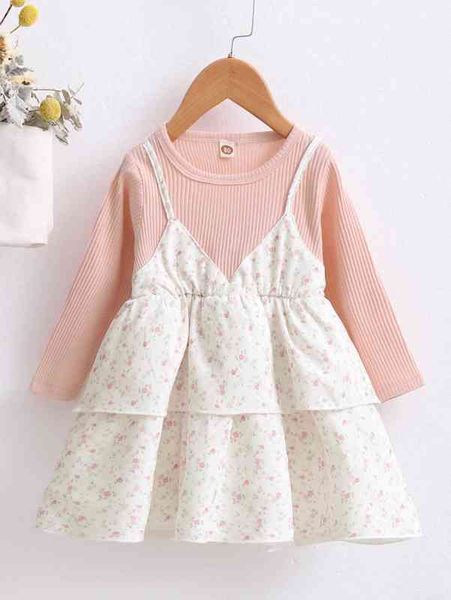 

baby ditsy floral print two layer hem 2 in 1 dress she, Red;yellow