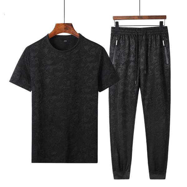 

2021 new men's sets o-neck skull short sleeve t shirts+pants elastic waist summer fashion casual street wear track suit men 2 pcs g01a, Black