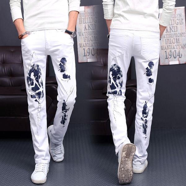 

niy90 dant bunun and white men's trendy fashion casual slim fit stretch jeans print jeans white pants ugb7m, Blue