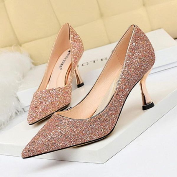

spring and autumn new ladies high heels shining sequins with metal and shallow mouth pointed nightclub women's shoes, Black