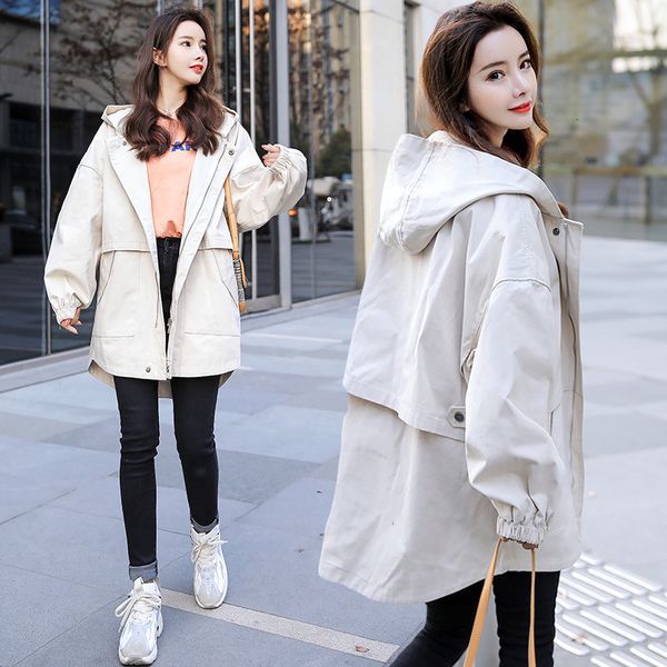 

autumn winter new korean mid-length hooded windbreaker female wash denim tooling trench coat women outwear e167, Tan;black