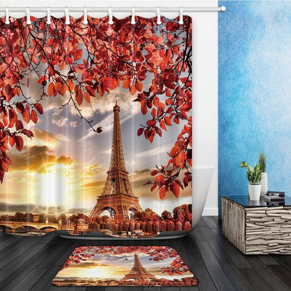 

2pcs/set eiffel tower pattern landscape architecture shower curtain set waterproof +non-slip mat rug toilet bathroom home decor