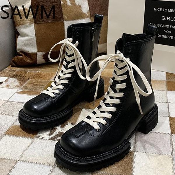 

women motorcycle boots black square head 2020 autumn comfortable woman shoes white lace-up pu female boots