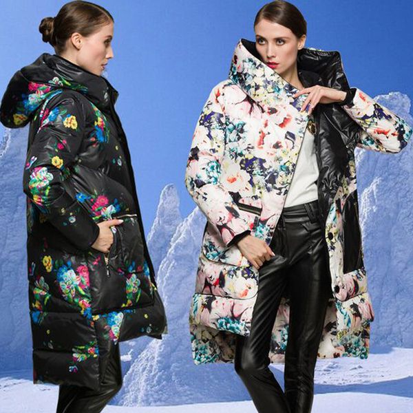 

women's winter coat, thick white duck feather coat with warm print on it, 2019