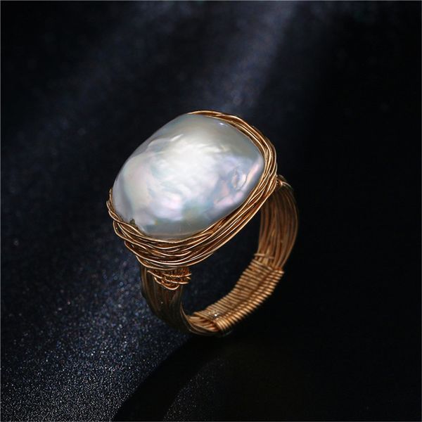 

original handmade near round freshwater pearl ring baroque style gold wire wrapped ring luxury pearl wedding ring for women 2019 y19052301, Slivery;golden