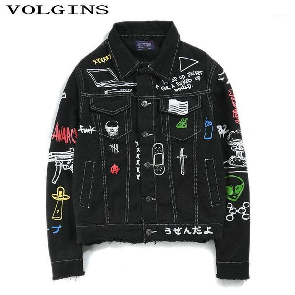 

streetwear printed men's hip hop denim jacket casual slim fit jeans jacket 2020 autumn men bomber coat clothing1, Black;brown