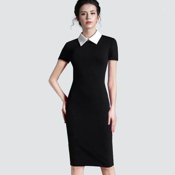 

women clothing vintage black women formal work business office short sleeve casual bodycon sheath fitted pencil dress 7511, Black;gray