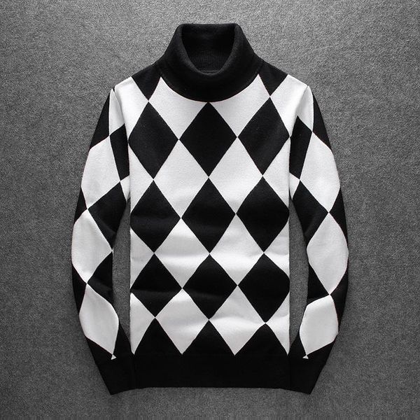 

2021 autumn winter new wool fashion argyle pattern print men's casual warm sweater turtleneck knitted men's sweater, White;black