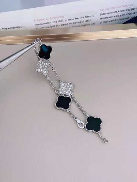 

new fashion clover titanium steel bracelet black agate five flowers white gold flower full rhinestone bracelet ladies fashion love charm wit, Golden;silver