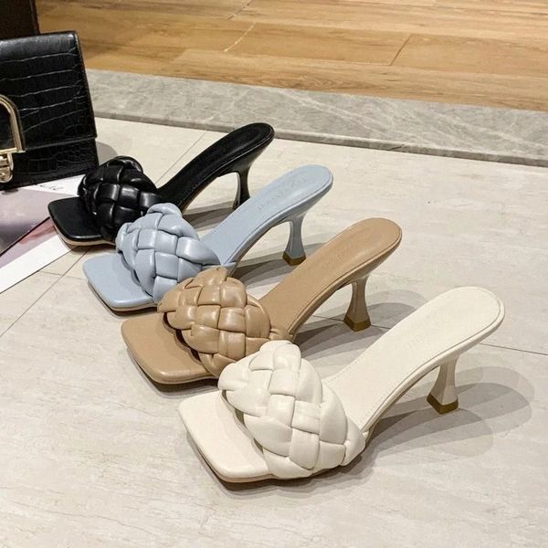 

2021 Women 7cm High Heels Mules Fetish Pumps Individual Weave Leisure Blue Office Ladies Prom Slippers Shoes Zapatos De Mujer #yS6d
