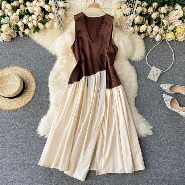 

popular contrasting patchwork color v-neck satin dress women medium long loose tank dress, Black;gray