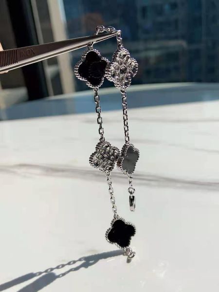 

new year luxury classic gift titanium steel bracelet black onyx five flowers white gold flower full rhinestone bracelet lady love charm with, Golden;silver