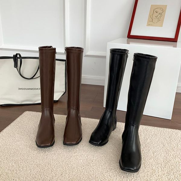 

women's leather boots shoes boots-women booties woman 2020 low heel thigh high heels high round toe rubber, Black