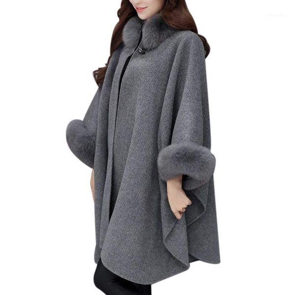 

2018 korean version fur neck loose mid-length coat temperament cloak shawl coat solid color open stitch street style1, Black
