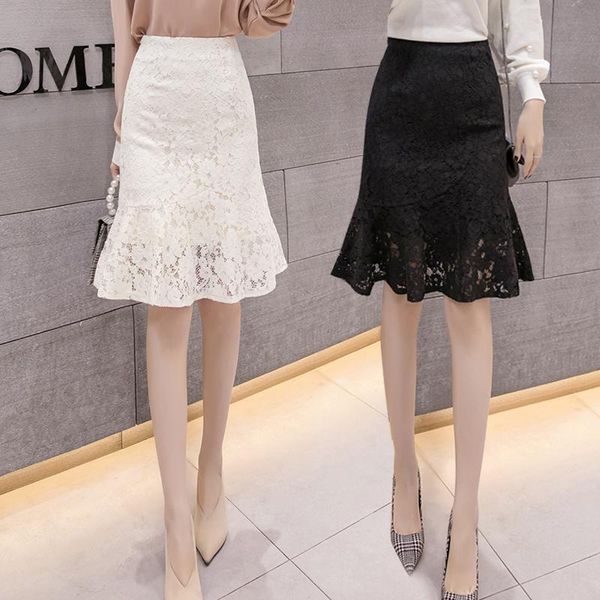 

high waist lace women's summer 2020 new slim ruffled hip skirt knee-length casual, Black