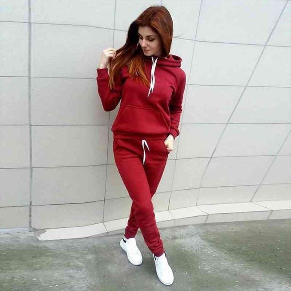 

simple women 2pcs sets fashion autumn winter solid casual hoodies sports long pants tracksuit sweatshirt jogging suit, White