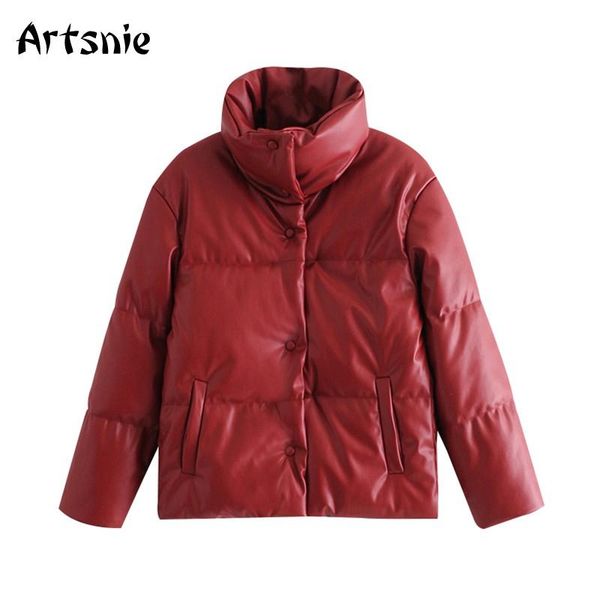 

artsnie winter faux leather parkas women turtleneck long sleeve thick coats streetwear double pockets warm coats chaqueta mujer, Black