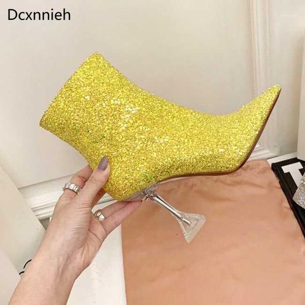 

strange style heels sequins ankle boots women runway glittering women shoes designer bling high heels short boots woman mujer1, Black