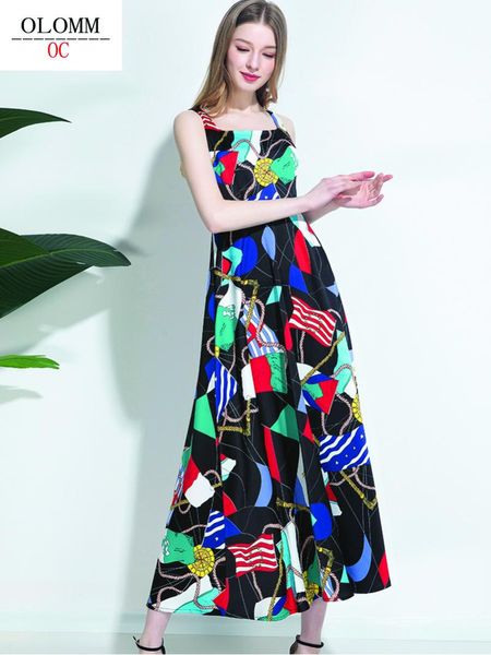 

casual dresses olomm fvl4071-8 women's dress without sleeve summer printing suspender skirt ankle fashion, Black;gray