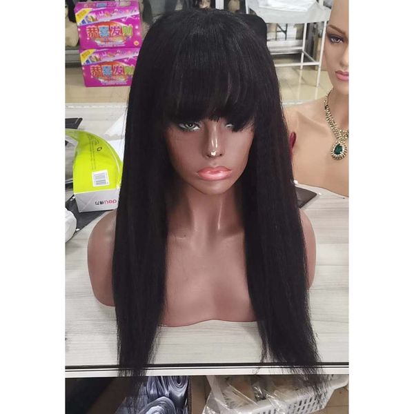 

brazilian kinky straight human hair wigs with bangs machine made no lace wigs natural black human hair wigs for women, Black;brown