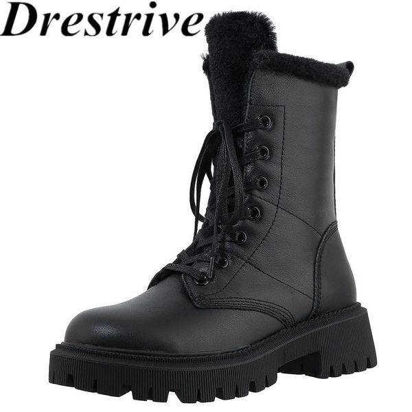 

drestrive women snow boots round toe cow leather zipper low heels non slip cross tied platform winter shoes woman ankle boots, Black