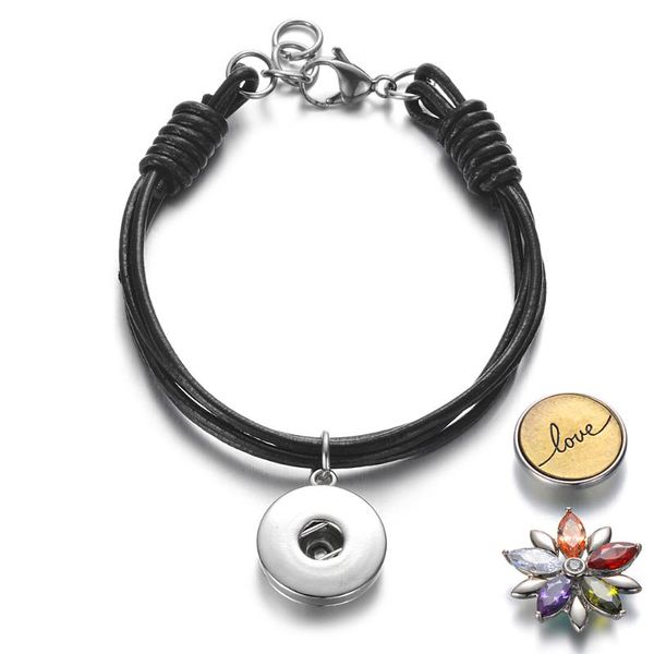 

black genuine leather ginger snap size charms bracelet 18mm snap button jewelry for diy nn-720, Golden;silver