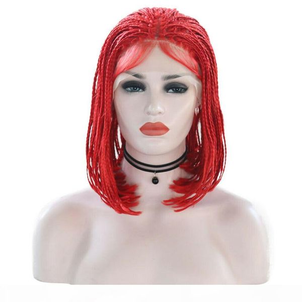 

short red synthetic bob wig box braided cosplay lace front wig bob straight hand tied heat resistant fiber hair wig party for women, Black