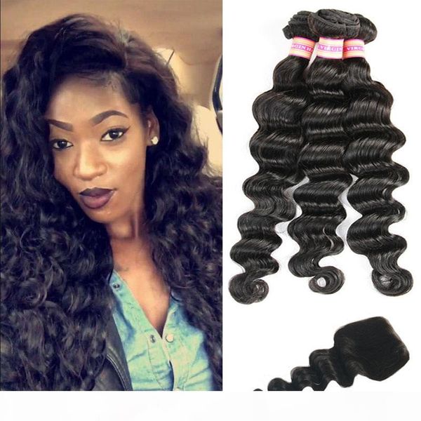 

peruvian virgin human hair bundles loose wave with closure loose deep hair extensions bundles with closure, Black