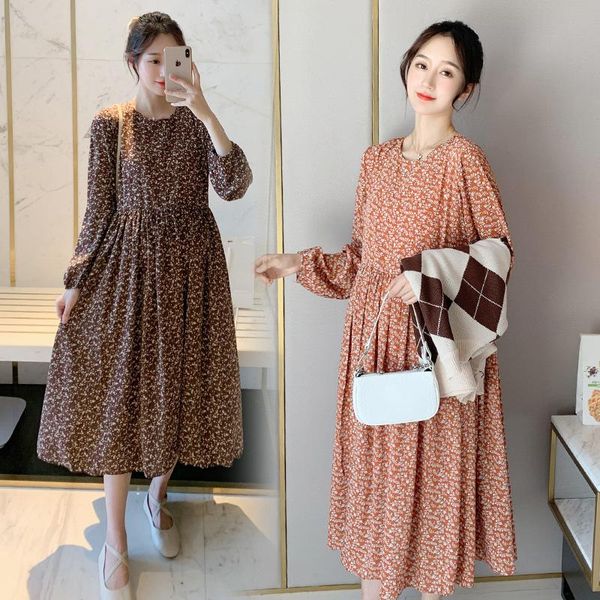 

1882# maternity dress spring autumn chiffon long sleeve loose floral a line dress for pregnant women mom, White