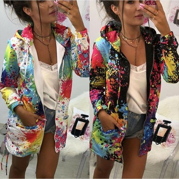 

hoody womens long hooded sweatshirt colorful print windbreaker parka autumn clothes jacket coat outwear overcoat, Black