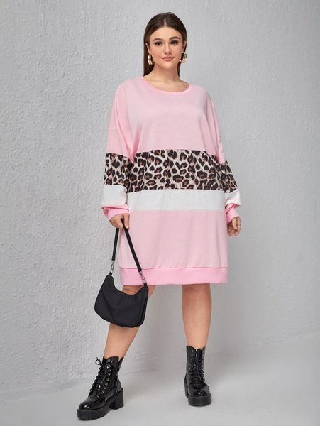 

plus leopard colorblock sweatshirt dress l7kc#, Black