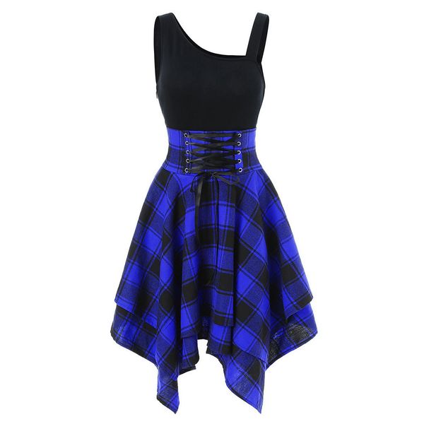 

19ss fashion womens dress womens casual dresses irregular plaid elastic belt dress 4 colors size s-2xl, Black;gray