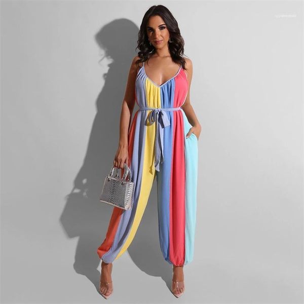 

sashes casual sleeveless jumpsuits panelled color fashion womens jumpsuits deep v neck backless rompers designer, Black;white