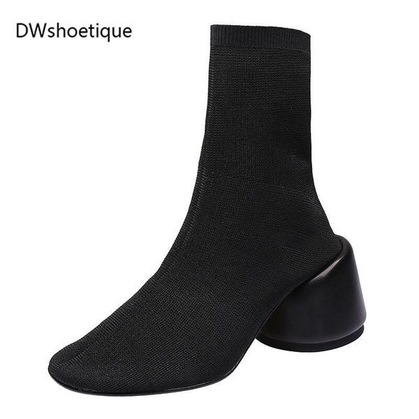 

round toe women knitting boots block heel winter stretch boots, Black