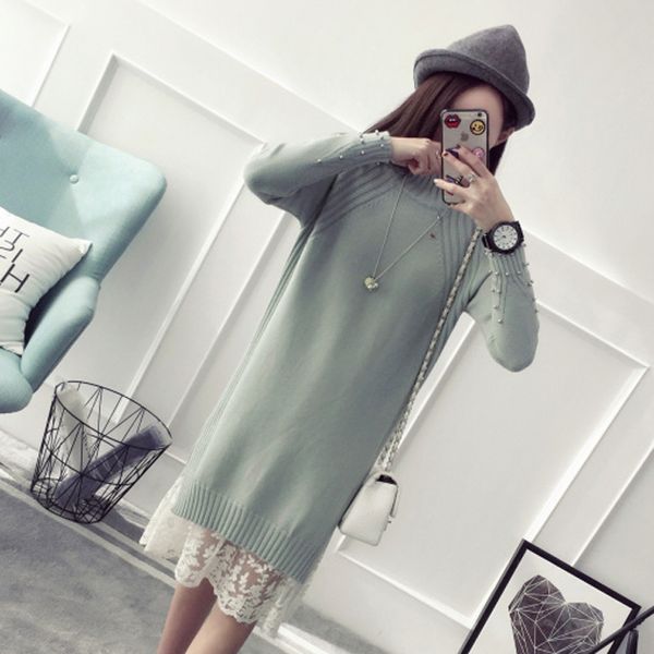 

women's autumn winter solid color loose knit medium long dress, Gray