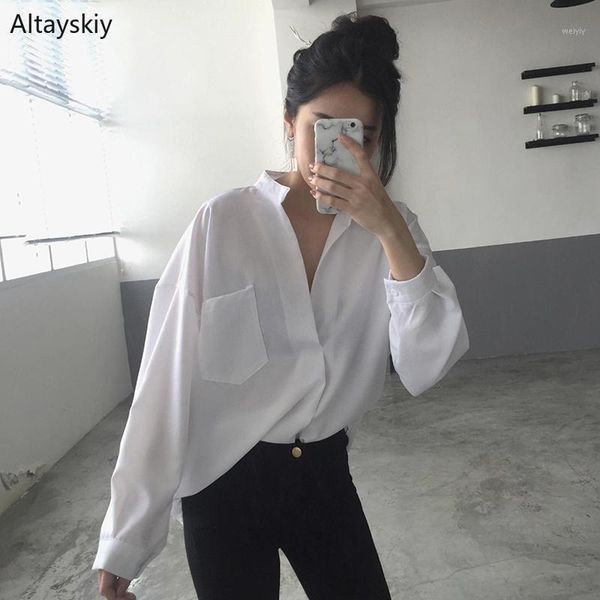 

shirts women solid colour elegant loose all-match simple trendy korean style pockets womens v-neck leisure female1, White