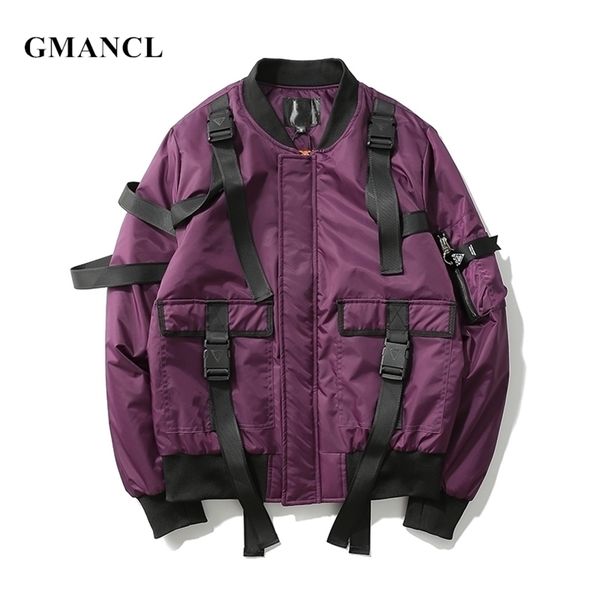 

men autumn winter thick warm multi-pocket ribbon design bomber jacket streetwear man oversized casual parka coats 201119, Black