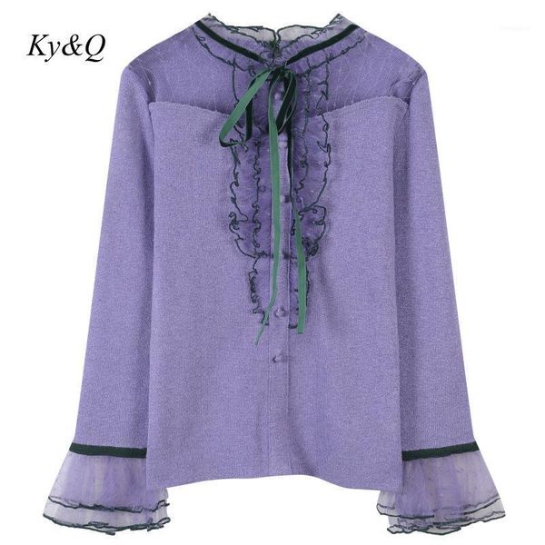 

2020 autumn fashion cute flared long-sleeved lace ruffles o-neck vintage white sweater slim elegant designer luxury pullover1, White;black