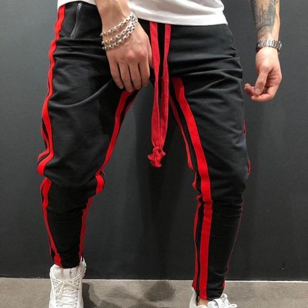 

men's pants sports summer small legs casual with a tie and color foot zipper, Black