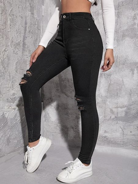 

high waist ripped detail skinny jeans 12sd#, Blue