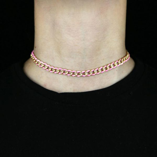 

2021 Gold Metal Color White Pink Blue Enamel Cuban Chain Necklace Women Hip Hop Jewelry Paved White Cubic Zirconia Women Choker, Silver