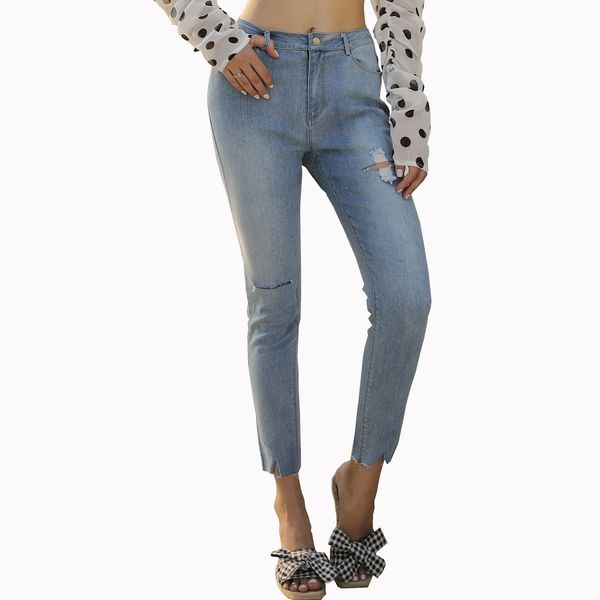 

k82022 water washed perforated pants leg split casual leggings 2020 new fashion jeans women, Blue