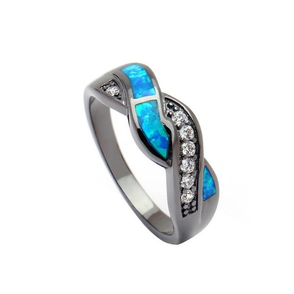 

wedding rings vintage black gun plated wave blue opal for women wholesale fashion jewelry party cocktail ring gift, Slivery;golden