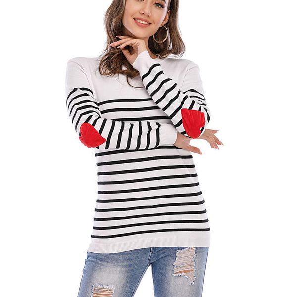 

women ladies autumn winter loose round neck sweater striped long sleeve casual knit pullover jumpers blouse, White;black