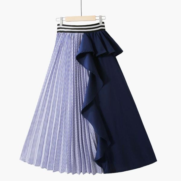 

skirts superaen fall 2021 all match contrast color patchwork high waist stripe ruffle hem pleated skirt women, Black