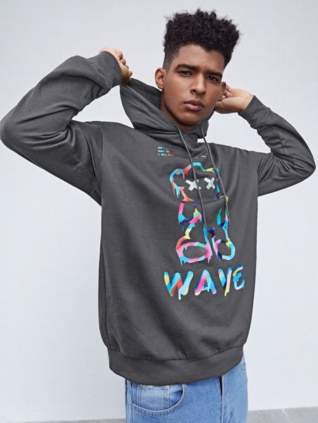 

men letter & cartoon graphic drawstring hoodie e8v2#, Black