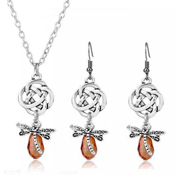 

3pcs/set jewelry sets outlander dragonfly drop earrings necklace women crystal wedding jewelry set, Silver
